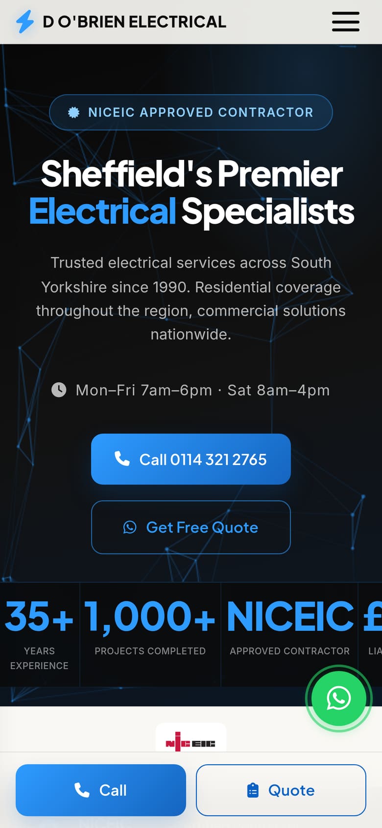 D O'Brien Electrical on a phone, with call and quote buttons