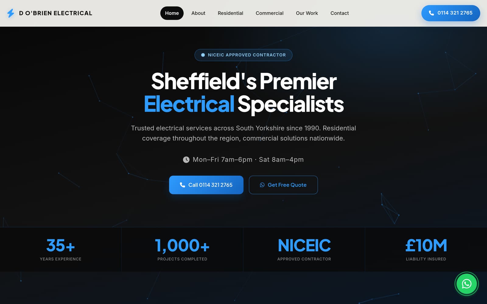 D O'Brien Electrical homepage showing NICEIC badge, headline and click-to-call