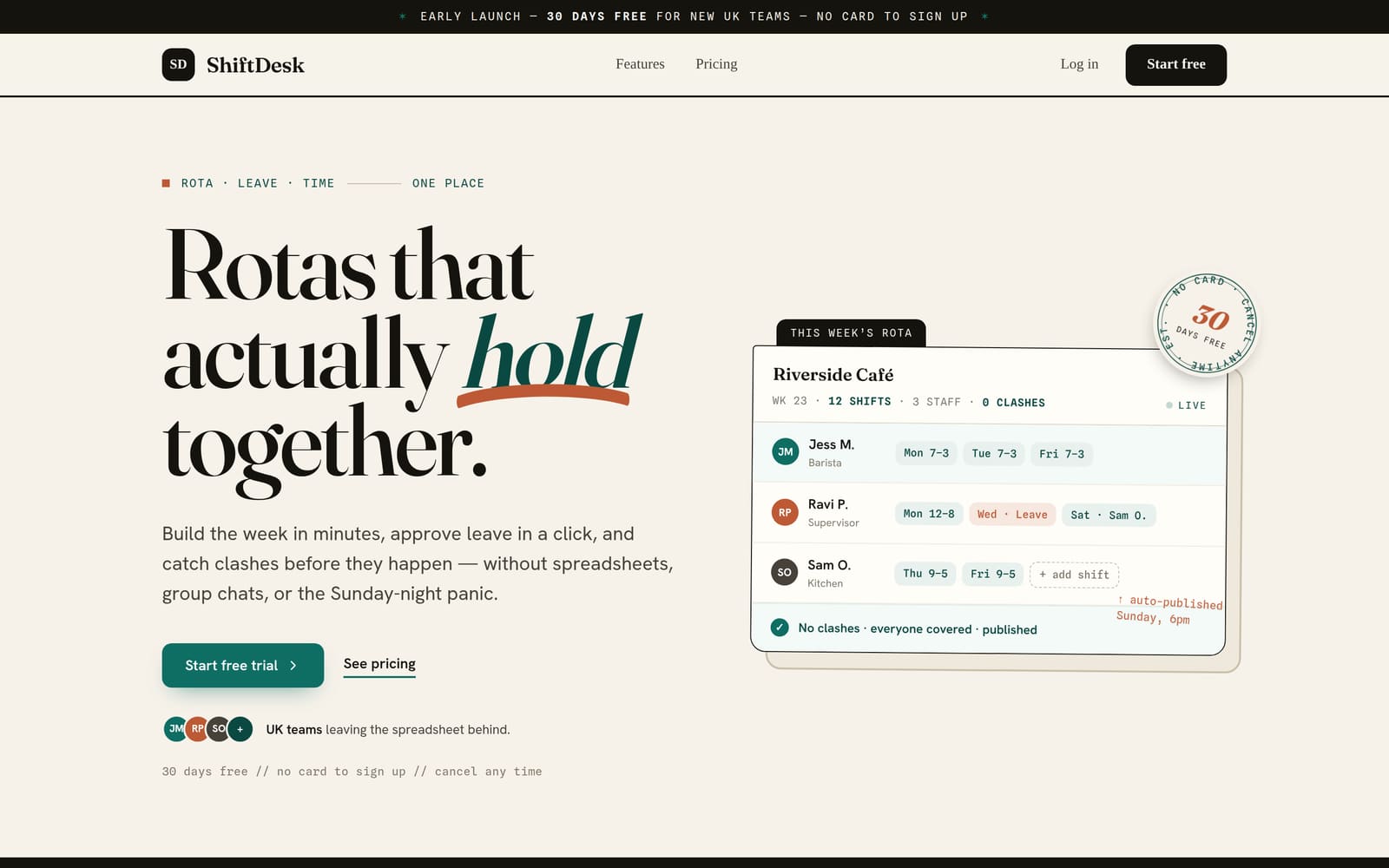 ShiftDesk homepage with rota preview and a start-free-trial call to action